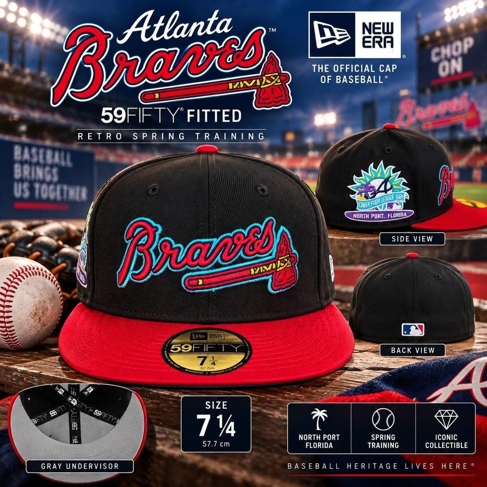 New Era Atlanta Braves 59FIFTY Fitted Hat 7 1/4 Black Red Retro Spring Training